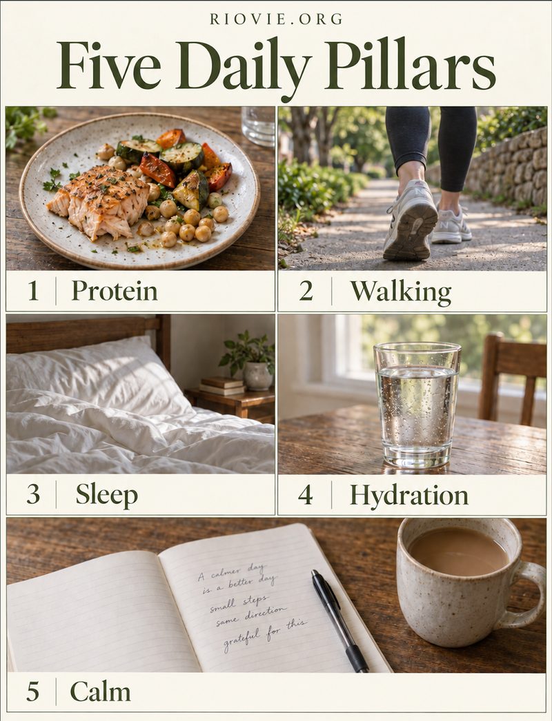 Five Daily Pillars from the Riovie Metabolic Success Guide: protein, walking, sleep, hydration, and calm