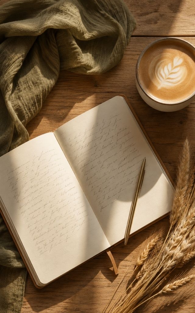 Open gratitude journal with a latte